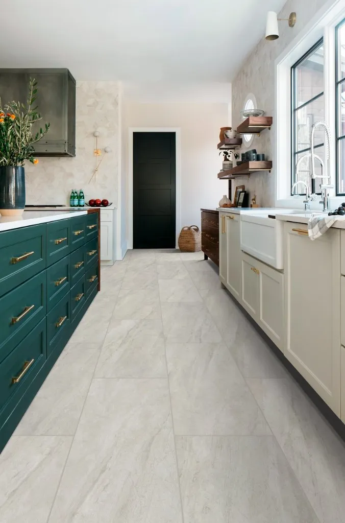 COREtec stone-look waterproof LVT flooring in a modern kitchen by The Flooring Design Center, Campbell, CA